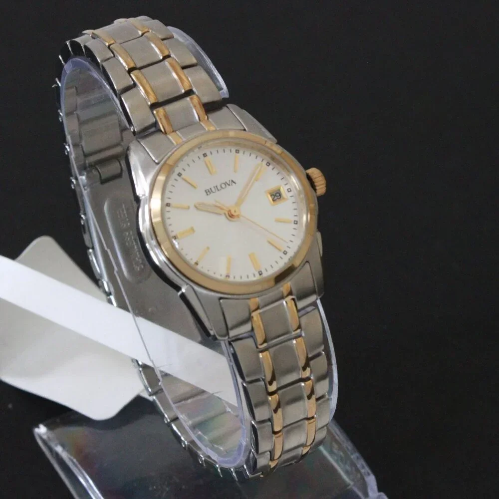 Bulova Women's Quartz Watch Two-Tone Case Silver Sunray Dial Date 26mm